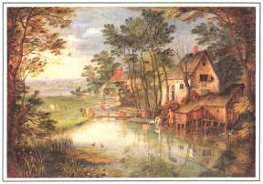 1984-11: Landschap
Jan Bruegel, de fluwelen Bruegel (1568-1625)
Hij was de 2de zoon van Pieter Bruegel de Oudere. Een groot aantal kleine dorps- en riviergezichten met talrijke figuurtjes stellen genreachtige taferelen uit het boerenleven voor.